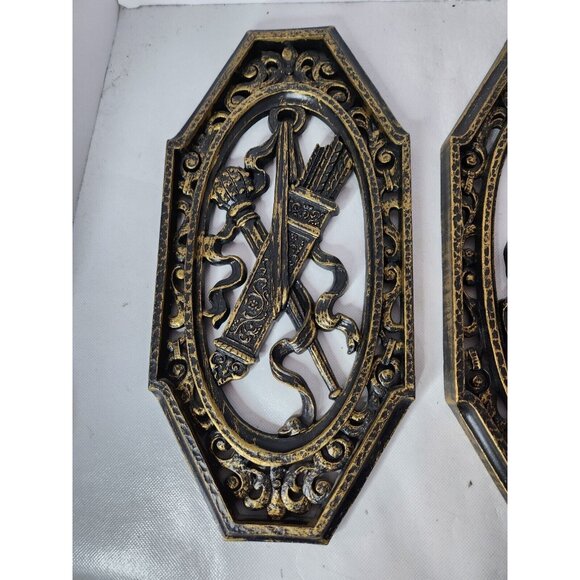 Vintage Homco Bronze Gold Coat Of Arms Wall Plaque Set Medieval Renaissance MCM - Picture 4 of 8